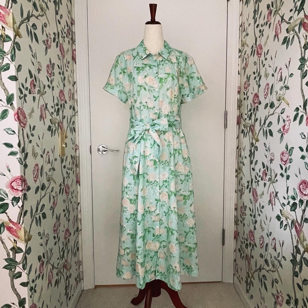 Hill House Lily Shirt Dress in Blue Roses Floral Linen, Small